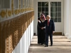 US President Donald Trump (right) and Saudi Crown Prince Mohammed bin Salman walk down the Colonnade on the way to the Oval Office of the White House in Washington, DC.