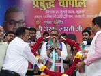 Lok Janshakti Party (Ram Vilas) MP and Uttar Pradesh in-charge Arun Bharti at an intellectuals’ conference in Varanasi on Friday. (HT)