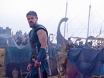 Matt Damon in front of Glad av Gillberga on the sets of The Odyssey.