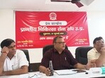 Office-bearers of PMSA addressing newspersons in Lucknow on Friday (HT Photo)