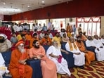 Seers from Ayodhya’s mutts, temples and akharas, along with Vishwa Hindu Parishad (VHP) functionaries, during a meeting to deliberate on issues relating to the Ram temple, in Ayodhya on Thursday. (PTI Photo) Seers from Ayodhya’s mutts, temples and akharas, along with Vishwa Hindu Parishad (VHP) functionaries, during a meeting to deliberate on issues relating to the Ram temple, in Ayodhya on Thursday. (PTI Photo)