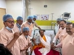 Social activist Sonam Wangchuk with Union Health Minister JP Nadda, Union Minister of State Jitendra Singh and Apex Body of Ladakh at Medanta Hospital after Wangchuk ended his 26-day indefinite hunger strike at Medanta Hospital, in Gurugram. Social activist Sonam Wangchuk with Union Health Minister JP Nadda, Union Minister of State Jitendra Singh and Apex Body of Ladakh at Medanta Hospital after Wangchuk ended his 26-day indefinite hunger strike at Medanta Hospital, in Gurugram.