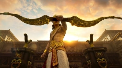 Ranbir Kapoor as Lord Rama lifting the bow at Sita's swayamvar. Ranbir Kapoor as Lord Rama lifting the bow at Sita's swayamvar.