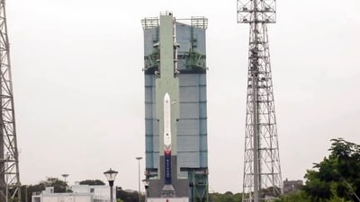 Vikram-1 India's first privately developed orbital rocket stands over 𝗟𝗮𝘂𝗻𝗰𝗵 𝗣𝗮𝗱 𝗮𝘁 𝗦𝗛𝗔𝗥 before its launch from the Satish Dhawan Space Centre, in Sriharikota on Saturday. (X/Skyroot Aerospace)