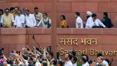 Lok Sabha LoP Rahul Gandhi and other MPs at the Parliament premises during the ongoing monsoon session, in New Delhi. (ANI) Lok Sabha LoP Rahul Gandhi and other MPs at the Parliament premises during the ongoing monsoon session, in New Delhi. (ANI)