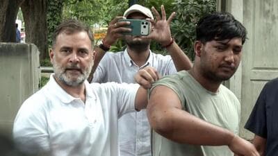 Lok Sabha LoP Rahul Gandhi with the man who allegedly suffered pellet gun injuries during students' protest. (ANI) Lok Sabha LoP Rahul Gandhi with the man who allegedly suffered pellet gun injuries during students' protest. (ANI)