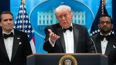 Donald Trump speaks at the White House after the April 25, 2026 shooting incident at the White House Correspondents' Association dinner, as acting Attorney General Todd Blanche and FBI Director Kash Patel listen. (AP Photo/Jose Luis Magana) Donald Trump speaks at the White House after the April 25, 2026 shooting incident at the White House Correspondents' Association dinner, as acting Attorney General Todd Blanche and FBI Director Kash Patel listen. (AP Photo/Jose Luis Magana)