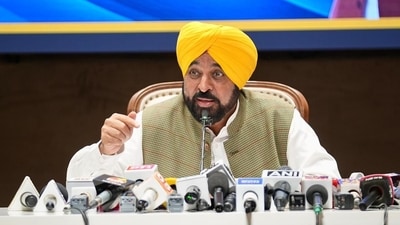 Punjab CM Bhagwant Mann addresses a press conference in Chandigarh.