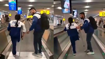 KS Ulhas helps Irengbam Ritu Chanu onto a flat escalator. (Instagram/@ks_ulhas) KS Ulhas helps Irengbam Ritu Chanu onto a flat escalator. (Instagram/@ks_ulhas)