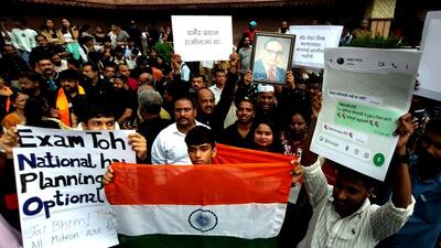 articipants carried candles, placards and posters, raised slogans against the union government and demanded accountability over the paper leak controversy. (Bachchan Kumar/ Hindustan Times) articipants carried candles, placards and posters, raised slogans against the union government and demanded accountability over the paper leak controversy. (Bachchan Kumar/ Hindustan Times)