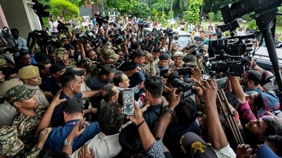 Union ministers JP Nadda and Jitendra Singh leave after a meeting with Cokruch Janata Party (CJP) spokespersons Sourav Das and Ashutosh Ranka, at Vithalbhai Patel's residence, in Delhi, July 24 (PTI)