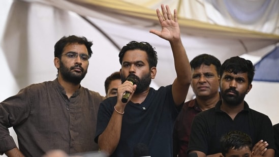 Cockroach Janta Party (CJP) founder Abhijeet Dipke speaks to the media at Jantar Mantar in New Delhi.