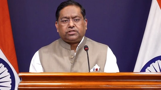 Ministry of External Affairs spokesperson Randhir Jaiswal addresses a bi-weekly media briefing, in New Delhi.