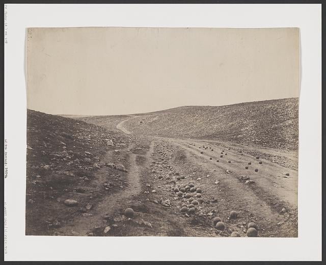 The Valley of the Shadow of Death by Roger Fenton, captured in 1855, shows a ravine littered with cannonballs. Wikimedia The Valley of the Shadow of Death by Roger Fenton, captured in 1855, shows a ravine littered with cannonballs. Wikimedia