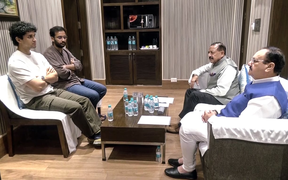 Cockroach Janta Party's (CJP) Spokespersons Saurav Das and Ashutosh Ranka meet Union Minister JP Nadda and Union MoS Jitendra Singh, in New Delhi on Friday. (ANI Video Grab) Cockroach Janta Party's (CJP) Spokespersons Saurav Das and Ashutosh Ranka meet Union Minister JP Nadda and Union MoS Jitendra Singh, in New Delhi on Friday. (ANI Video Grab)