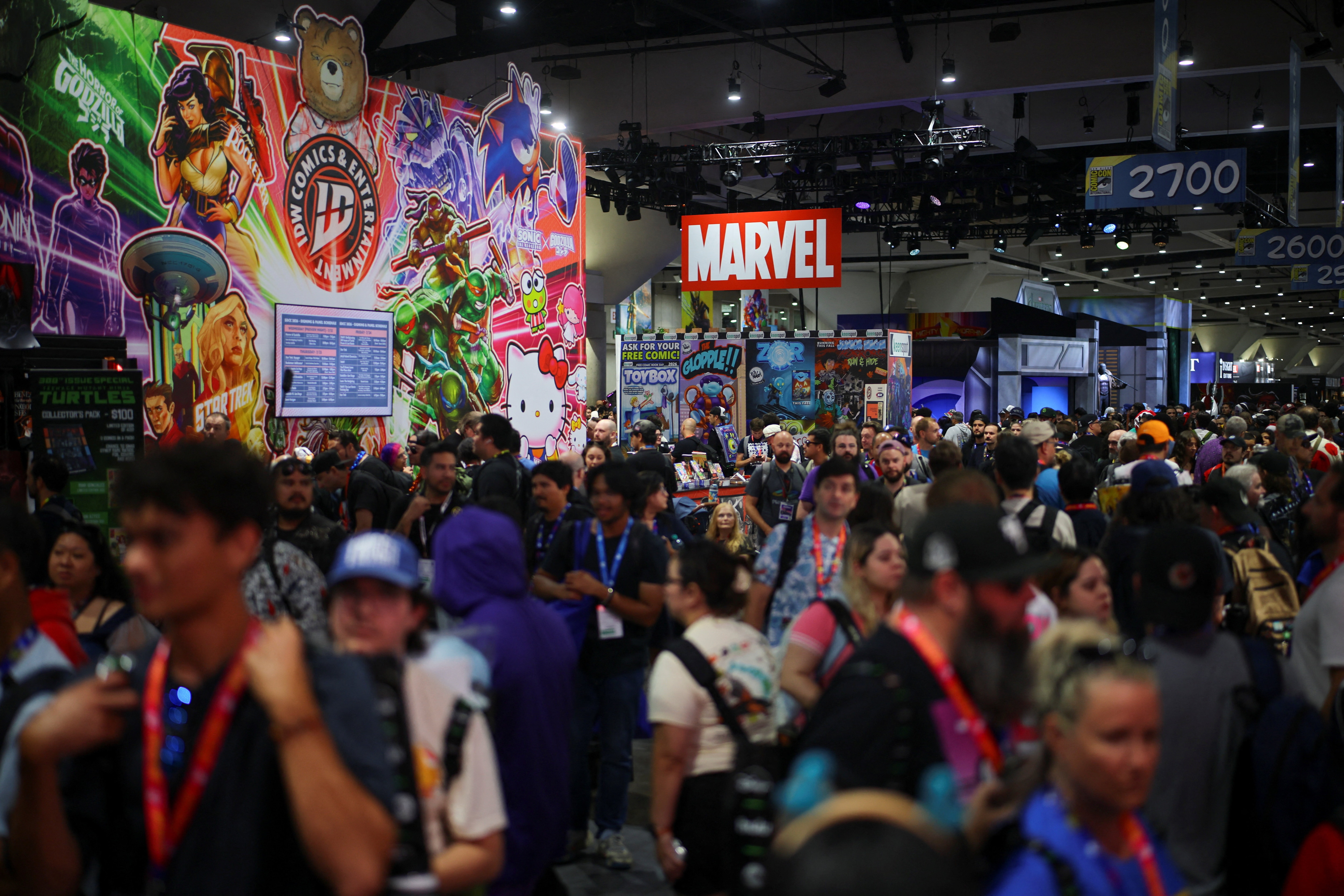 A Marvel logo in the exhibition hall during the opening day of Comic-Con International in San Diego, California, U.S., July 23, 2026. REUTERS/Daniel Cole (REUTERS)