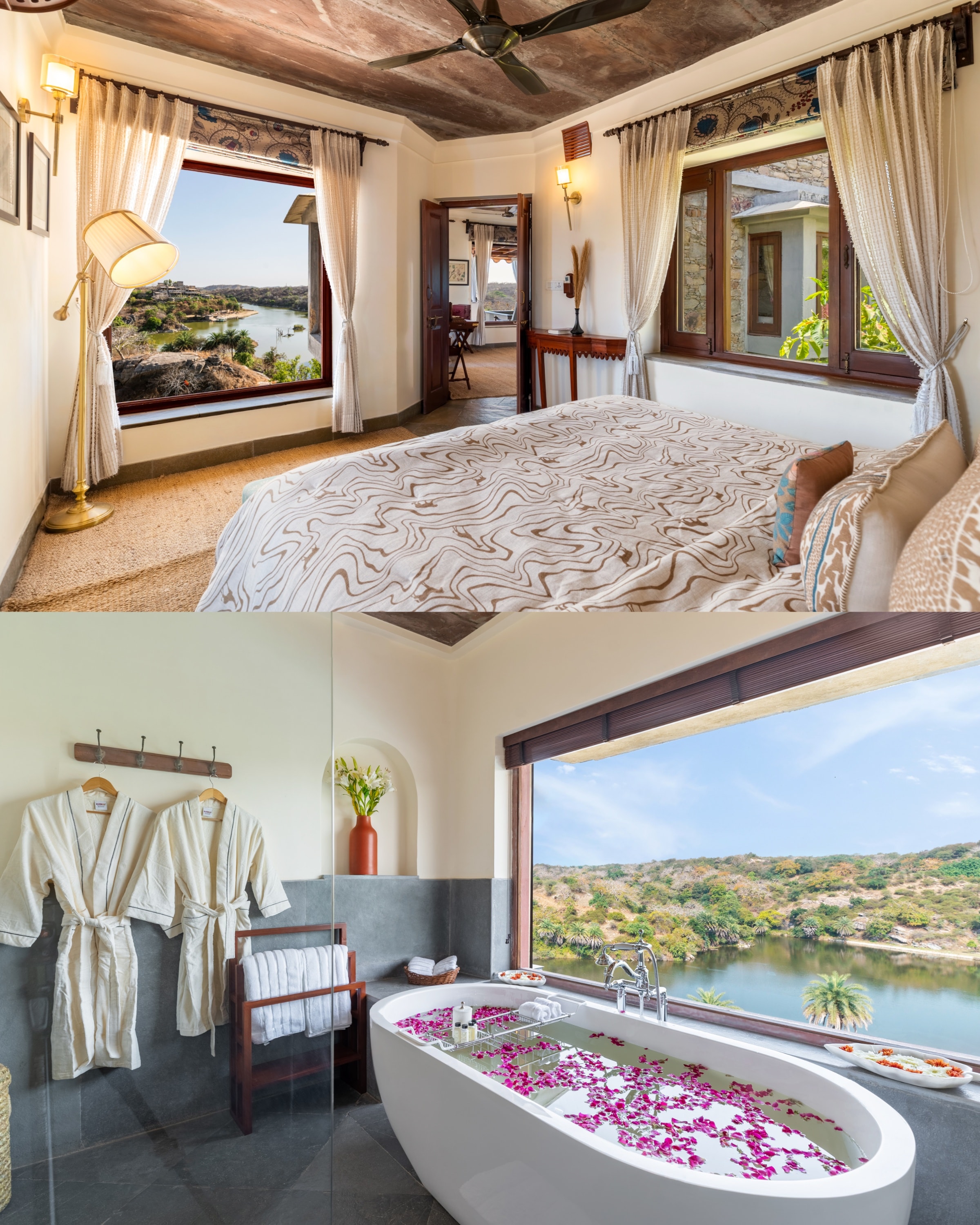 A look inside the luxurious 900 sq ft suite at Chunda Shikar Oudi, featuring panoramic views of the private lake and forest canopy right from the bedroom and bathtub. A look inside the luxurious 900 sq ft suite at Chunda Shikar Oudi, featuring panoramic views of the private lake and forest canopy right from the bedroom and bathtub.