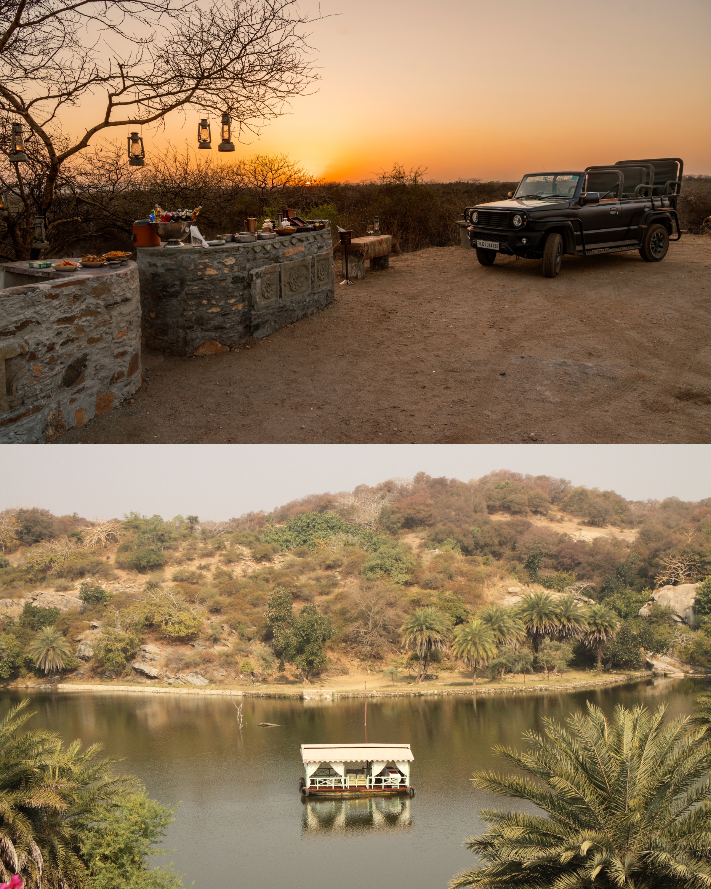 Guests can enjoy sunset high tea served in the wild alongside an open-top safari jeep, or drift along a private, calm lake on a curated boat ride. Guests can enjoy sunset high tea served in the wild alongside an open-top safari jeep, or drift along a private, calm lake on a curated boat ride.