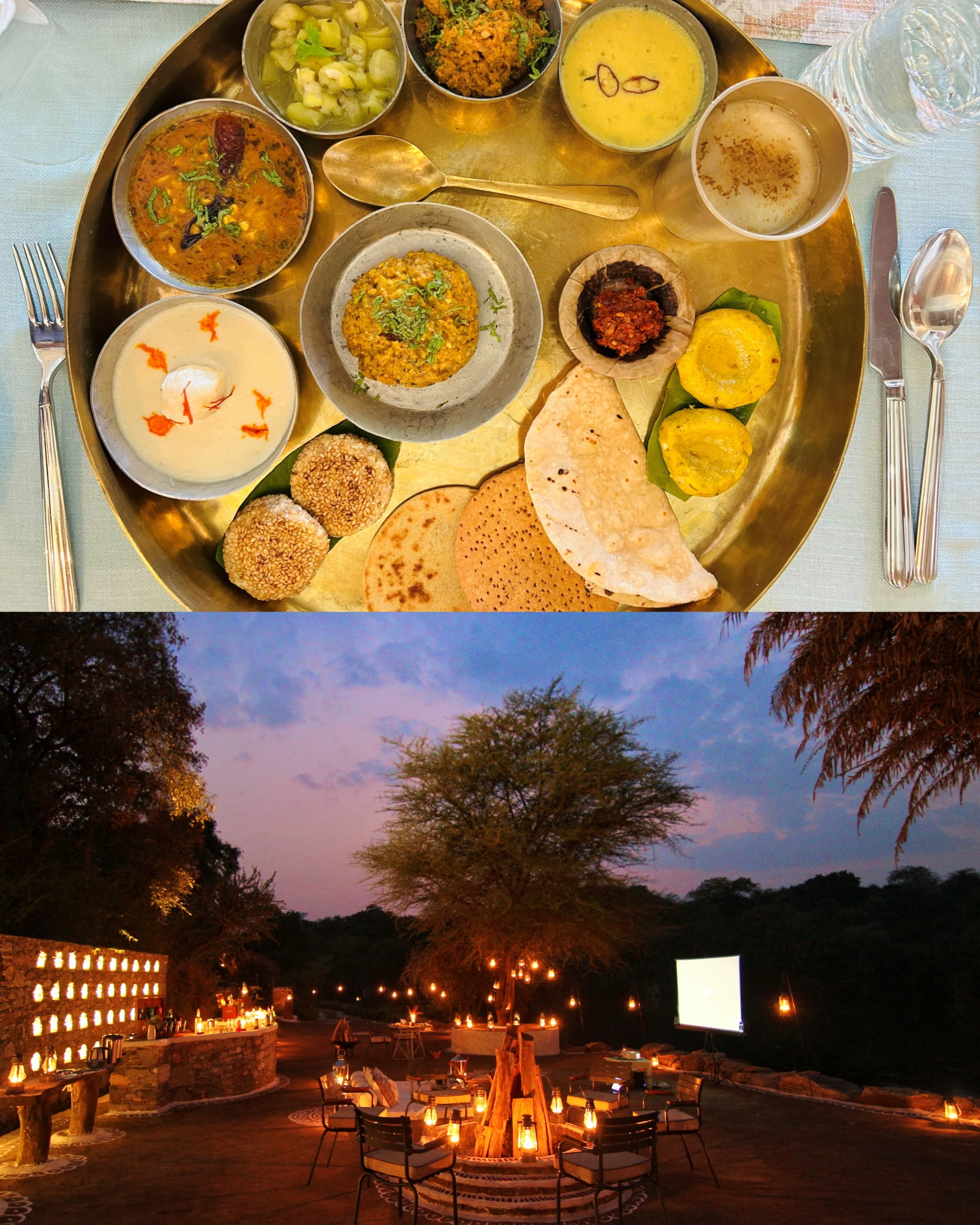 Culinary highlights include an elaborate traditional 'Mewar ka thaal' featuring authentic regional delicacies, as well as romantic outdoor candlelit dining under the night sky. Culinary highlights include an elaborate traditional 'Mewar ka thaal' featuring authentic regional delicacies, as well as romantic outdoor candlelit dining under the night sky.