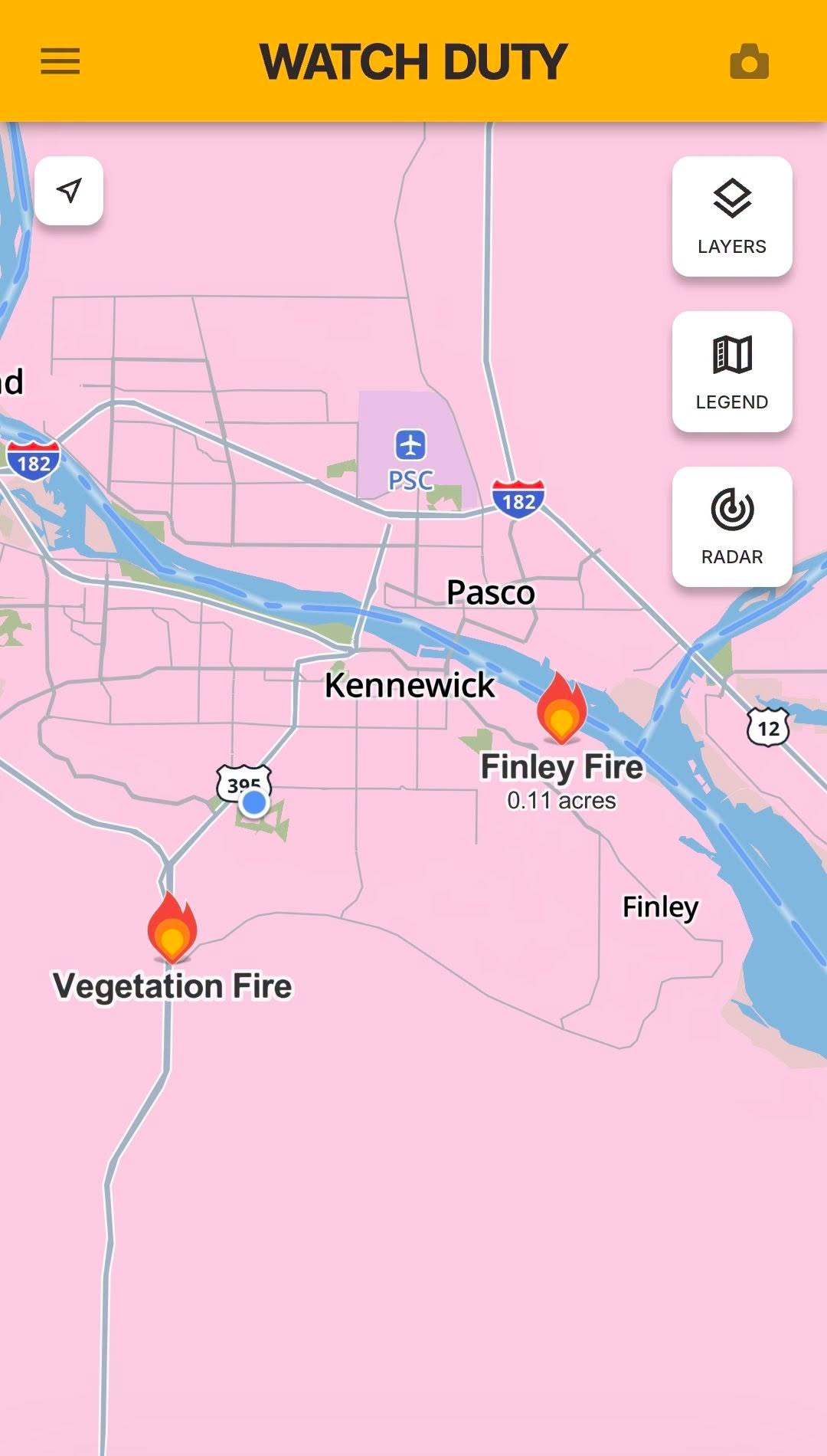 Locust Grove and Finley Fires in Kennewick. (Pinky Lucille Hales via WatchDuty)