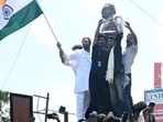 Tej Pratap Yadav stands atop the statue of former Mauritius Prime Minister Seewoosagur Ramgoolam during the 'Bihar Bandh' called over the alleged NEET paper leak and police action against protesting students, at Ram Gulam Chowk, in Patna, Bihar, Saturday, July,25, 2026. (Santosh Kumar/ Hindustan Times) )