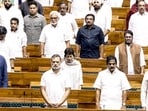 Lok Sabha LoP Rahul Gandhi and Congress MPs Priyanka Gandhi Vadra, Selja Kumari, KC Venugopal, and others during the Monsoon Session of Parliament, in New Delhi on Friday.