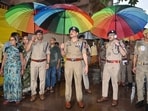 Commissioner of police (CP) Mohit Agarwal along with district magistrate (DM) Satyendra Kumar inspecting arrangements from Godowlia to Dashashwamedh in Varanasi on Friday. (HT PHOTO)