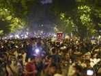 Demonstrators at the site during the protest by the Cockroach Janta Party (CJP) demanding the resignation of Union education minister Dharmendra Pradhan over the NEET paper leak issue, at Jantar Mantar in New Delhi on Friday. (PTI Photo)