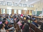 On the third day, AI experts, Sanjay Aggarwal and Rishab, conducted an interactive session on the integration of artificial intelligence in teaching and learning. (HT Photo)