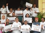 RJD and CPI-ML legislators demonstrate during the Monsoon Session of the Bihar Assembly in Patna on Friday. (Santosh Kumar/HT)