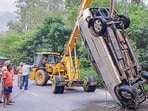 The car that plunged into the canal. (HT Photo)
