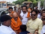 Uttar Pradesh Congress Committee president and former minister Ajay Rai being welcomed in Prayagraj on Friday (HT Photo)