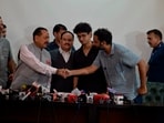 Union cabinet ministers JP Nadda and Jitender Singh with CJP leaders Ashutosh Ranka and Sourbh Dass during the joint press conference after their meeting.