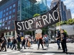 Demonstrators at an anti-AI protest in San Francisco, July 11.