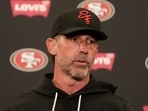 San Francisco 49ers head coach Kyle Shanahan speaks at a news conference after an NFL football practice on May 28