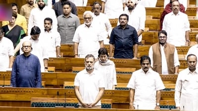 Lok Sabha LoP Rahul Gandhi and Congress MPs Priyanka Gandhi Vadra, Selja Kumari, KC Venugopal, and others during the Monsoon Session of Parliament, in New Delhi on Friday. (Sansad TV/ANI Video Grab) Lok Sabha LoP Rahul Gandhi and Congress MPs Priyanka Gandhi Vadra, Selja Kumari, KC Venugopal, and others during the Monsoon Session of Parliament, in New Delhi on Friday. (Sansad TV/ANI Video Grab)