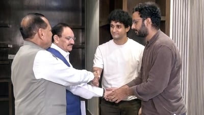Cockroach Janta Party (CJP) spokespersons Sourav Das and Ashutosh Ranka meet Union Minister JP Nadda and labor union Jitendra Singh in New Delhi on Friday (ANI Video Grab) Cockroach Janta Party (CJP) spokespersons Sourav Das and Ashutosh Ranka meet Union Minister JP Nadda and labor union Jitendra Singh in New Delhi on Friday (ANI Video Grab)