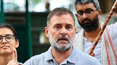 Lok Sabha Lob Rahul Gandhi addresses the media on the resignation of Education Minister Dharmendra Pradhan and irregularities in examination papers, in New Delhi on Saturday. (that I)