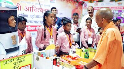 Chief minister Yogi Adityanath interacting with students during a public event in Agra on Saturday. (ANI PHOTO) Chief minister Yogi Adityanath interacting with students during a public event in Agra on Saturday. (ANI PHOTO)