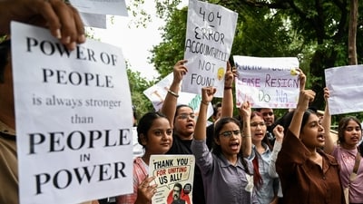 Students holding placards shout slogans during a protest in Amritsar in solidarity with the ongoing protest at New Delhi's Jantar Mantar over NEET paper leak. (AFP) Students holding placards shout slogans during a protest in Amritsar in solidarity with the ongoing protest at New Delhi's Jantar Mantar over NEET paper leak. (AFP)