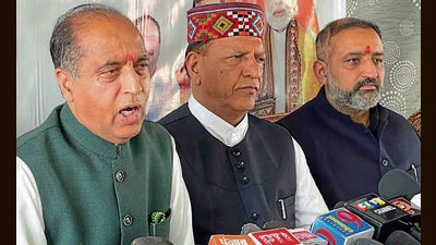 LoP Jai Ram Thakur along with BJP state chief Rajeev Bindal addressing the media in Shimla on Saturday (Deepak Sansta/ht) LoP Jai Ram Thakur along with BJP state chief Rajeev Bindal addressing the media in Shimla on Saturday (Deepak Sansta/ht)