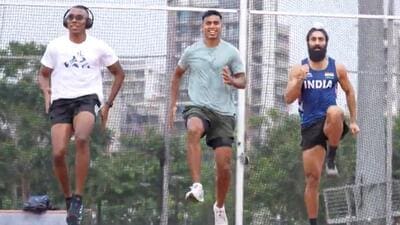 Top India sprinters (from L) Animesh Kujur, Amlan Borgohain and Gurindervir Singh during a training session. (Reliance Foundation) Top India sprinters (from L) Animesh Kujur, Amlan Borgohain and Gurindervir Singh during a training session. (Reliance Foundation)