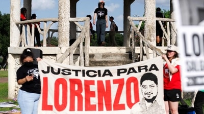On July 24, people held a rally in Hidalgo Park to protest the killing of Lorenzo Salgado Araujo, Houston, Texas (Photo by Mark Felix/AFP) (AFP)