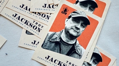 Camapign cards for Troy Jackson, Democratic candidate for U.S. Senate, are displayed in the lobby of the Maine Democratic Nominating Convention, Saturday, July 25, 2026. (AP Photo/Robert F. Bukaty) Camapign cards for Troy Jackson, Democratic candidate for U.S. Senate, are displayed in the lobby of the Maine Democratic Nominating Convention, Saturday, July 25, 2026. (AP Photo/Robert F. Bukaty)