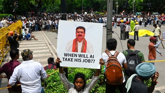 Supporters of the CJP gather during a protest at Jantar Mantar demanding the resignation of Union Education Minister Dharmendra Pradhan.