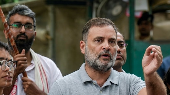 Leader of Opposition in Lok Sabha and Congress MP Rahul Gandhi addresses a press conference amid the ongoing protest over the alleged NEET paper leak issue, in New Delhi, Saturday.