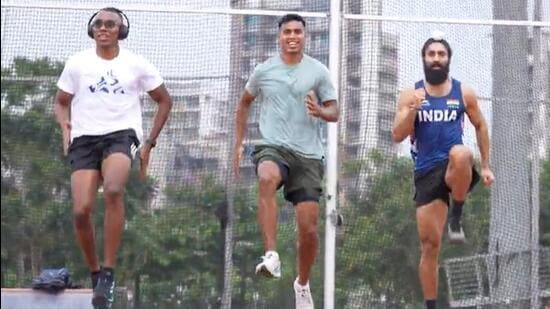 Top India sprinters (from L) Animesh Kujur, Amlan Borgohain and Gurindervir Singh during a training session. (Reliance Foundation)