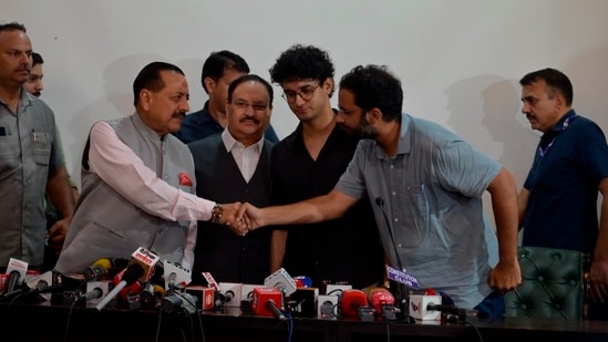 Union cabinet ministers JP Nadda and Jitender Singh with CJP leaders Ashutosh Ranka and Sourbh Dass during the joint press conference after their meeting. Union cabinet ministers JP Nadda and Jitender Singh with CJP leaders Ashutosh Ranka and Sourbh Dass during the joint press conference after their meeting.