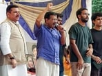 Aam Aadmi Party (AAP) National convenor Arvind Kejriwal addresses the youth following the CJP's 'Chalo Sansad' march during his visit to Jantar Mantar, in New Delhi on Tuesday.