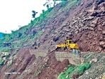 Border Roads Organisation officials clearing debris at an affected site following recent landslides on Saturday. (HTPhoto)